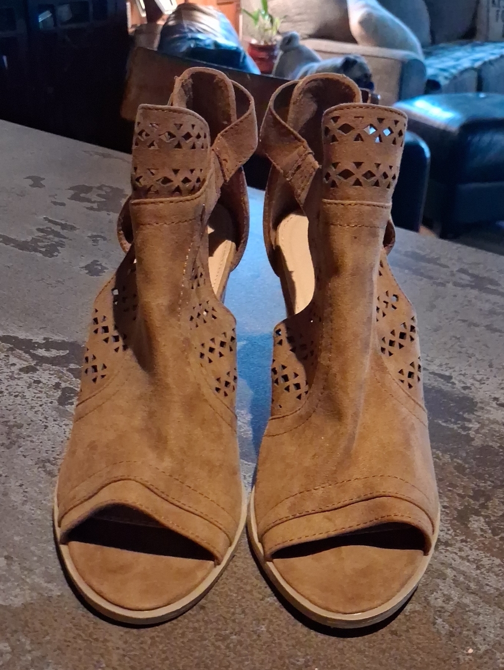 American Eagle Outfitters Tan Suede Cutout Peep-Toe Wedge Sandals